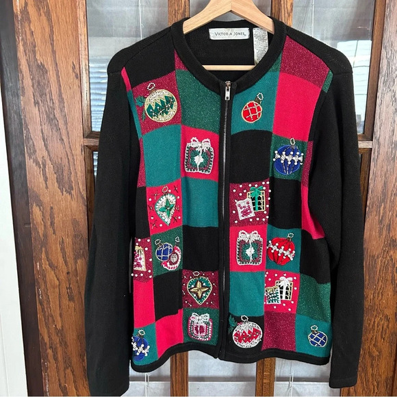Victoria Jones Women's Medium Patchwork Christmas‎ Holiday Sweater Embellished - Picture 8 of 11